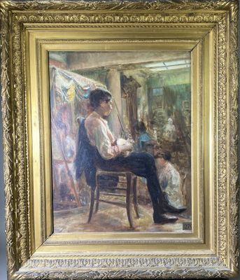 une peinture à l'huile représentant un homme assis sur une chaise devant un miroir