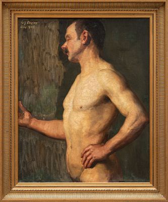 un tableau représentant un homme moustachu debout devant un mur