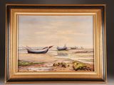 an oil painting of two boats on the beach in a gold frame