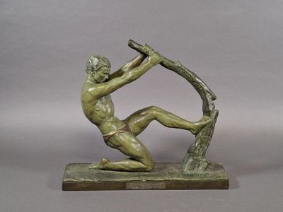 bronze statue of a man holding a tree branch in his right hand