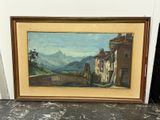 une peinture à l'huile représentant un village avec un pont et des montagnes en arrière-plan