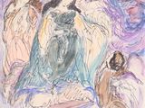 une image représentant un tableau où figurent trois femmes et un chien