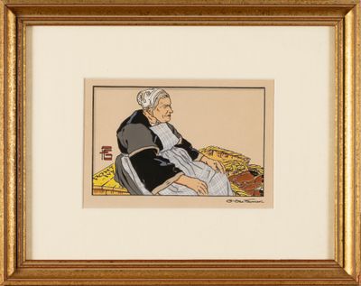 an old woman sitting in a chair with a basket of food