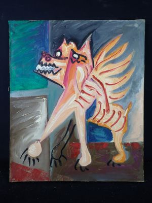 un tableau représentant un chat avec un squelette sur le dos