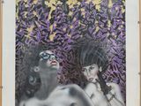 tableau représentant deux femmes nues sur un fond violet et jaune