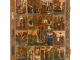 un vieux tableau représentant une scène religieuse avec de nombreuses icônes religieuses