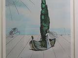 painting of a man sitting in a boat with a tree in the background