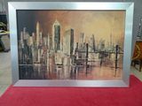an image of a painting of a cityscape with a bridge in the background