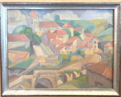 une peinture à l'huile représentant un village avec un pont enjambant une rivière