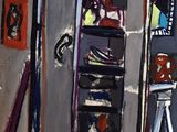 une peinture d'une pièce avec une chaise et une armoire