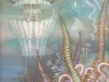 a picture of a painting of a jellyfish and other sea creatures
