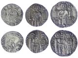 six ancient silver coins with images of people and animals on them