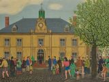 une peinture représentant un groupe de personnes devant un bâtiment