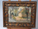 une peinture à l'huile représentant une femme assise sur un banc devant une maison