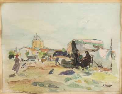 B. MOUGIN. Le campement. Aquarelle, sbd