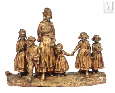 figurine en bronze représentant un groupe d'enfants se tenant par la main