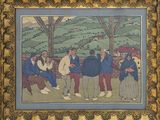 painting of a group of people sitting on a bench in a park