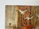a painting of a woman laying on a bed with birds flying around her