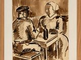 drawing of two women sitting at a table with a bottle of wine in front of them
