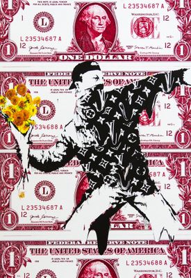 tableau représentant un homme tenant un bouquet de fleurs posé sur un billet de banque