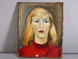 peinture représentant une femme en robe rouge sur un bloc de bois