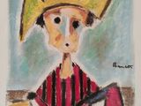 tableau représentant un homme coiffé d'un chapeau et vêtu d'une chemise rayée, tenant une guitare