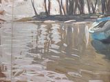 une peinture représentant un bateau sur un plan d'eau