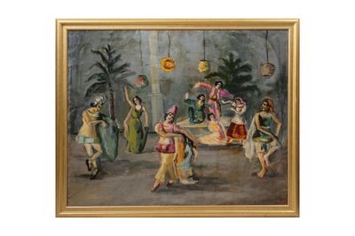 une peinture à l'huile représentant un groupe de femmes dansant dans une pièce