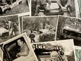 several old black and white photos of a man in a car