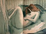 a drawing of a woman laying down on a bed