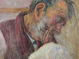 an oil painting of a man with a beard and a red vest