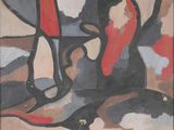 a painting of a vase and a pair of shoes on a table
