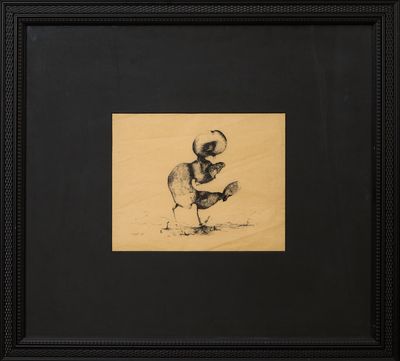 a black and white drawing of a duck with a tennis racket
