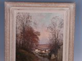an oil painting of a landscape with a river in the foreground