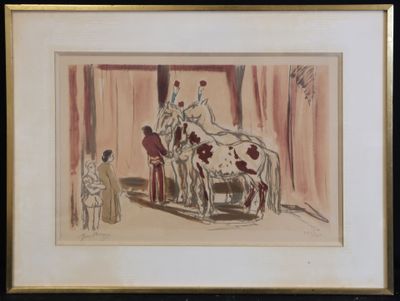 tableau représentant un homme debout à côté d'une vache dans une pièce