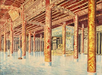 a painting of a large room with columns and a clock