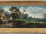 une peinture à l'huile représentant un paysage avec une rivière et une maison