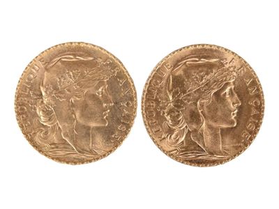 Deux pièces de vingt francs or au coq, 1909 et 1910. Usures. - Photo 1