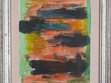 une peinture abstraite composée de rayures orange, noires et vertes