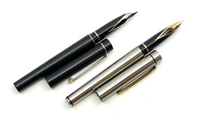 SHEAFFER. Ensemble de deux stylos plume en métal brossé et p…