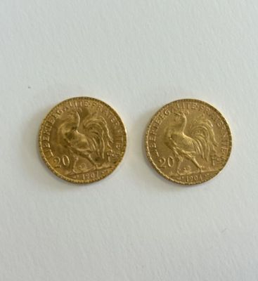 two gold sovereigns, one of which is a lion and the other of which is a horse