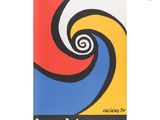 a poster of a spiral design on a red, yellow and blue background