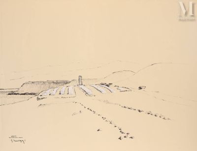 dessin représentant un paysage avec une montagne au loin et un champ au premier plan, où paissent des moutons