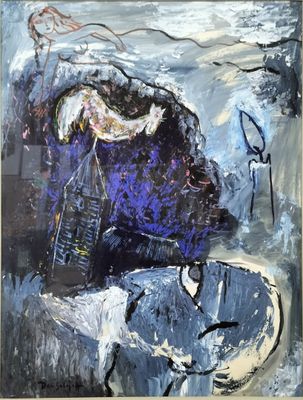 an abstract painting of a woman sitting on a chair with a bird in her hand
