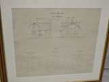 framed architectural drawing of a two story house with a garage