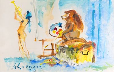 un tableau représentant une femme et un lion dans une pièce