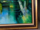 a picture of a painting of a river in the woods