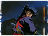 an image of a woman with long hair and a sword in front of a mountain