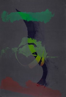 painting of a person on a surfboard with a green and red design