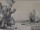a drawing of a man fishing on a river